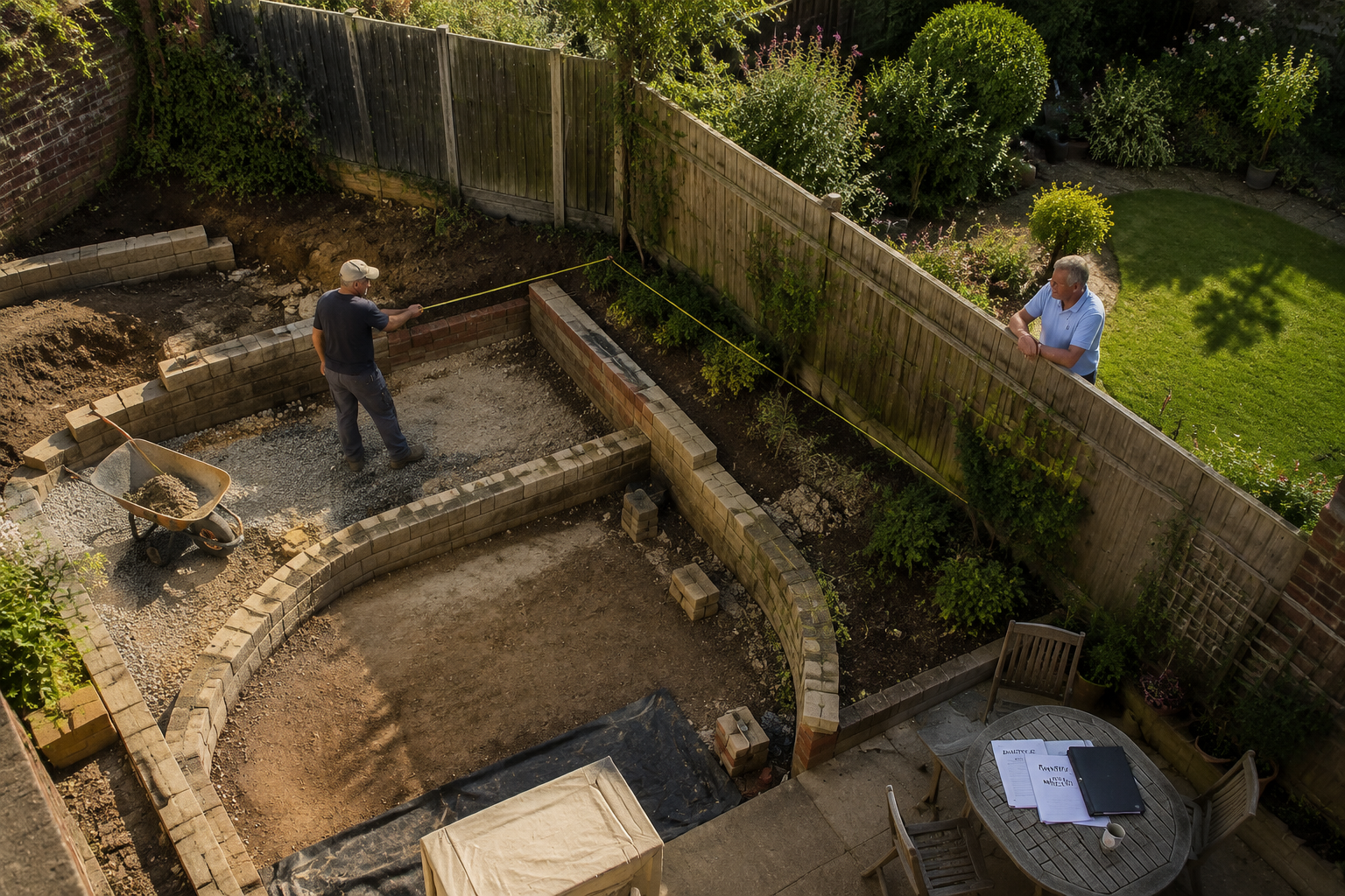 () showing an overhead aerial view of a suburban garden landscaping project in progress, with a tiered retaining wall under