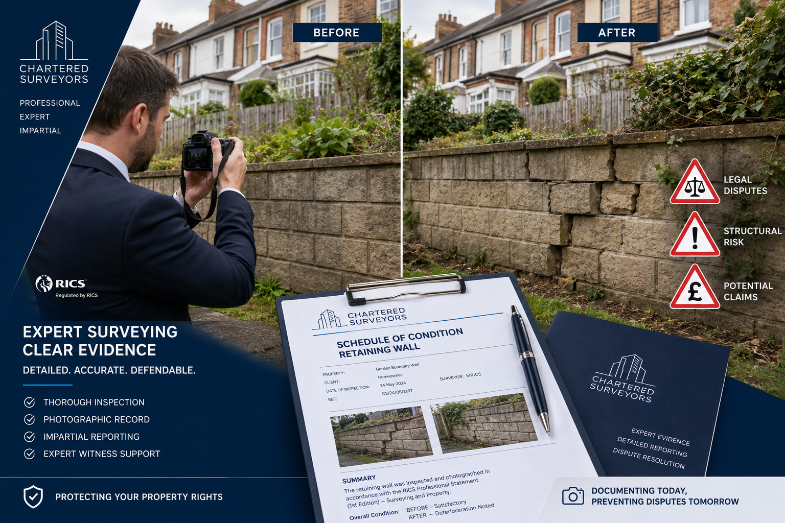 () depicting a professional chartered surveyor in formal attire conducting a schedule of condition survey at a garden