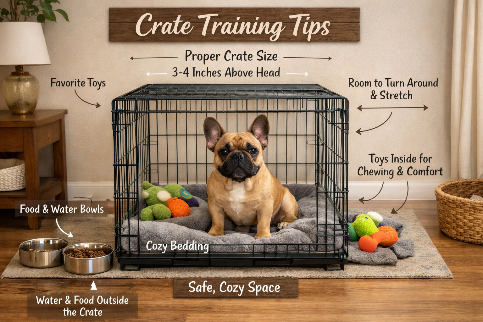 Detailed landscape format (1536x1024) image showing step-by-step crate training setup for French Bulldogs. Visual includes proper crate sizi