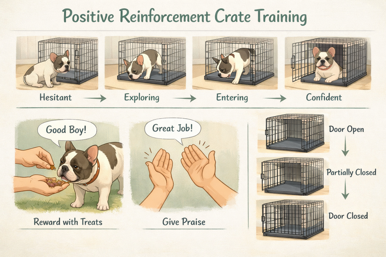 Professional landscape format (1536x1024) illustration demonstrating positive reinforcement crate training techniques. Shows French Bulldog