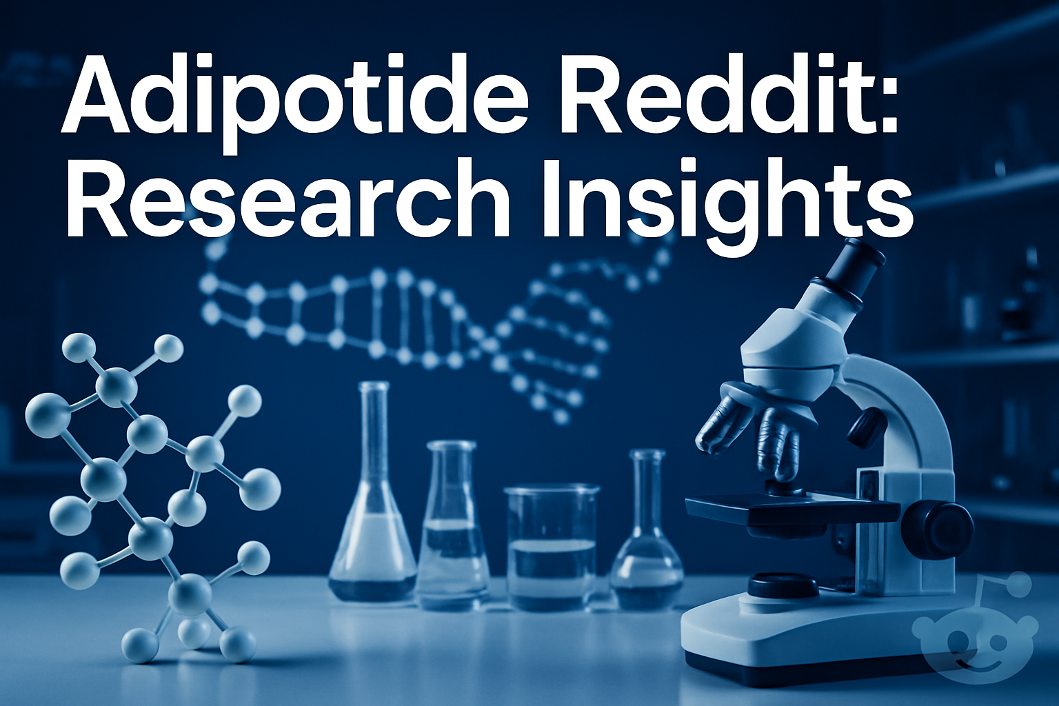 Professional landscape hero image (1536x1024) featuring bold text overlay 'Adipotide Reddit: Research Insights' in extra large 72pt white sa