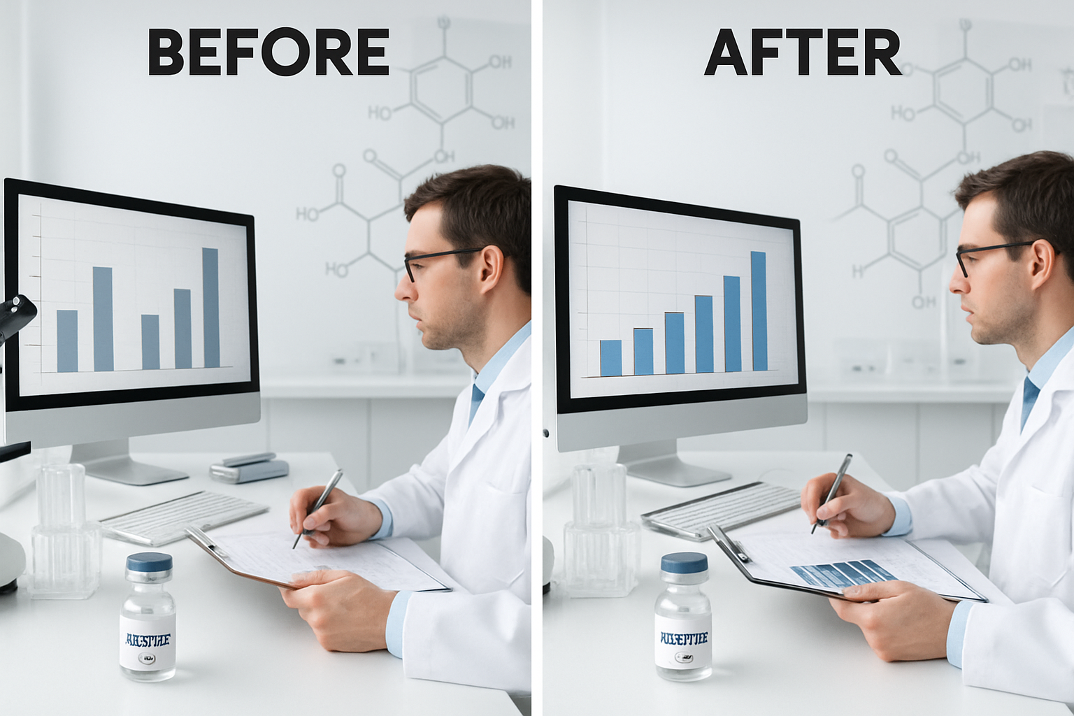 Split-screen comparison image showing before/after research data charts, laboratory vials labeled 'Adipotide 5mg', scientific measuring equi