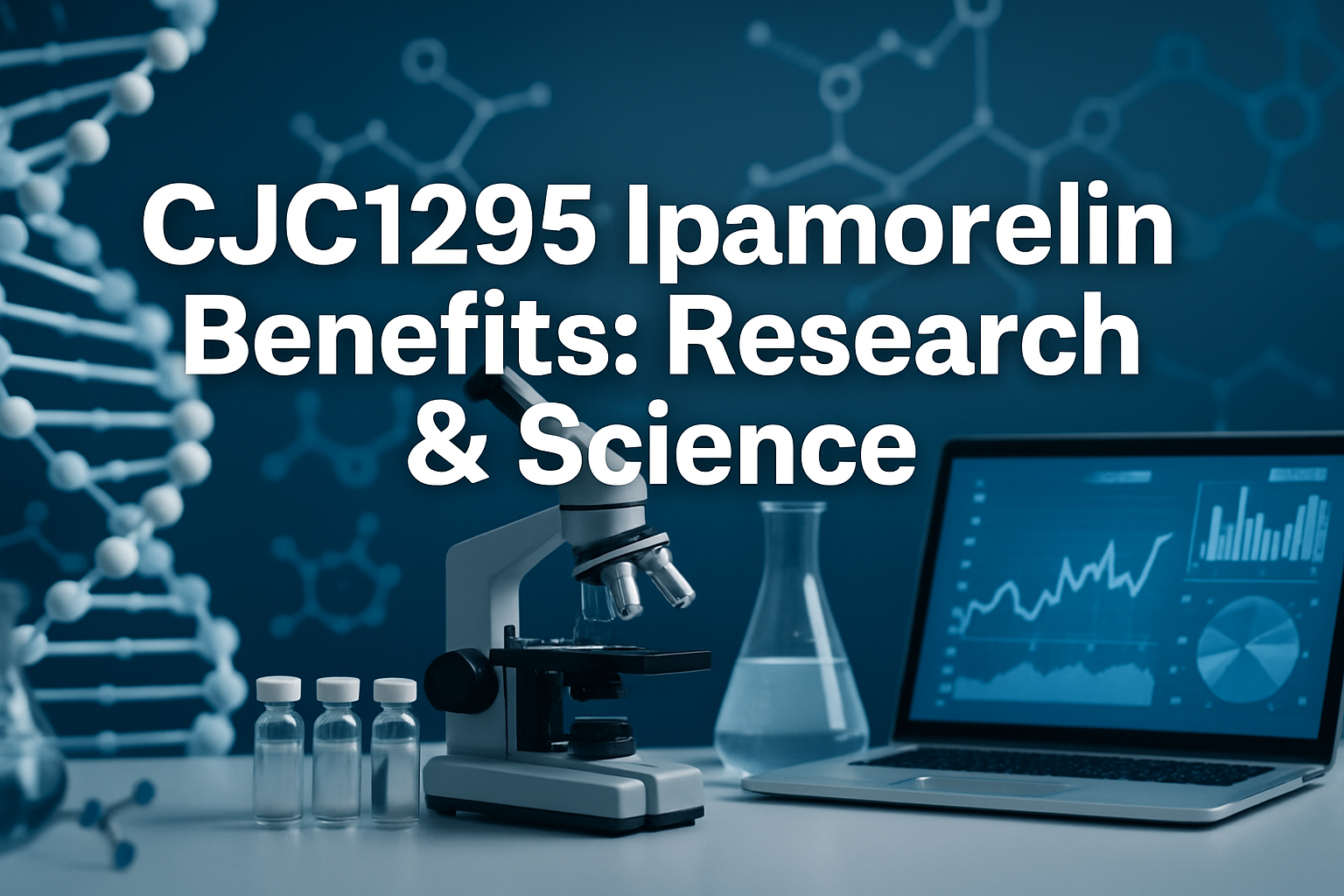 Professional landscape hero image (1536x1024) featuring bold text overlay 'CJC1295 Ipamorelin Benefits: Research & Science' in extra large 7