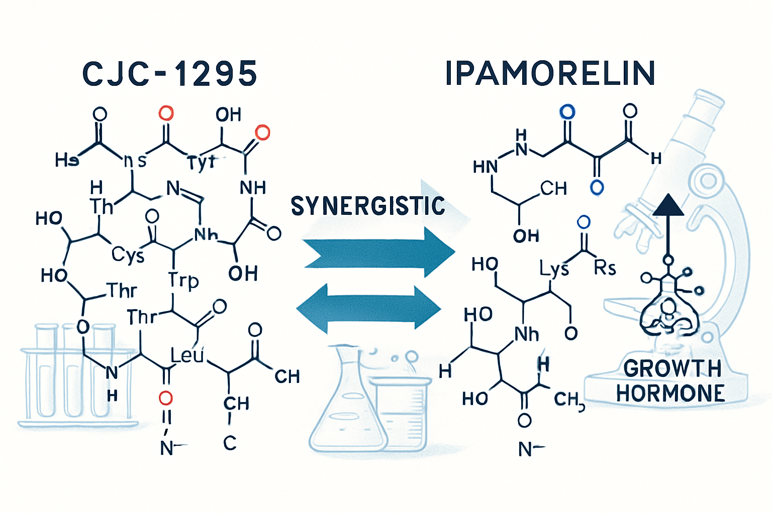 Scientific illustration showing CJC1295 and Ipamorelin molecular structures side by side with synergistic arrows, peptide chain diagrams, gr