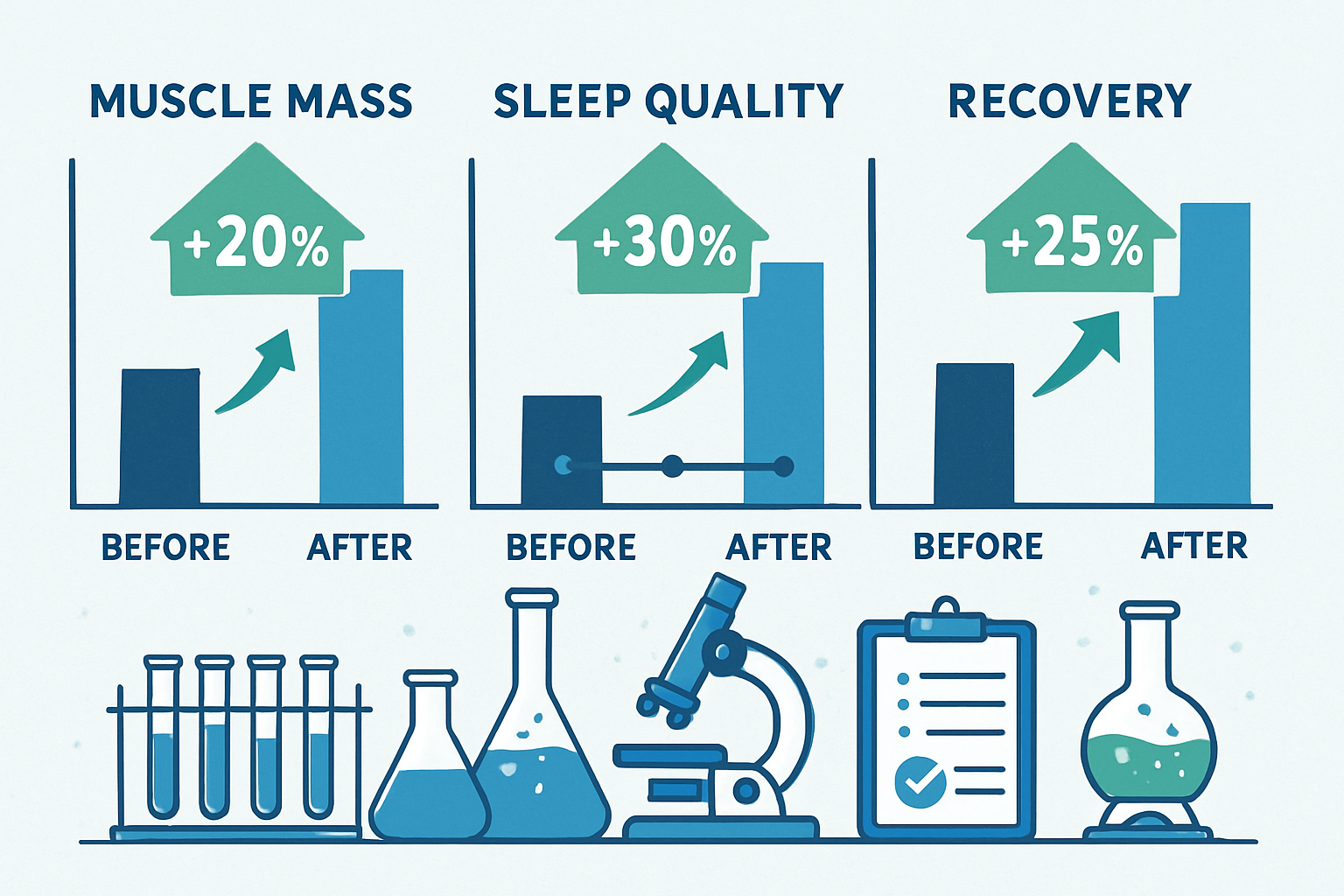 Research data visualization showing before/after comparison charts for muscle mass, sleep quality, and recovery metrics, bar graphs with per