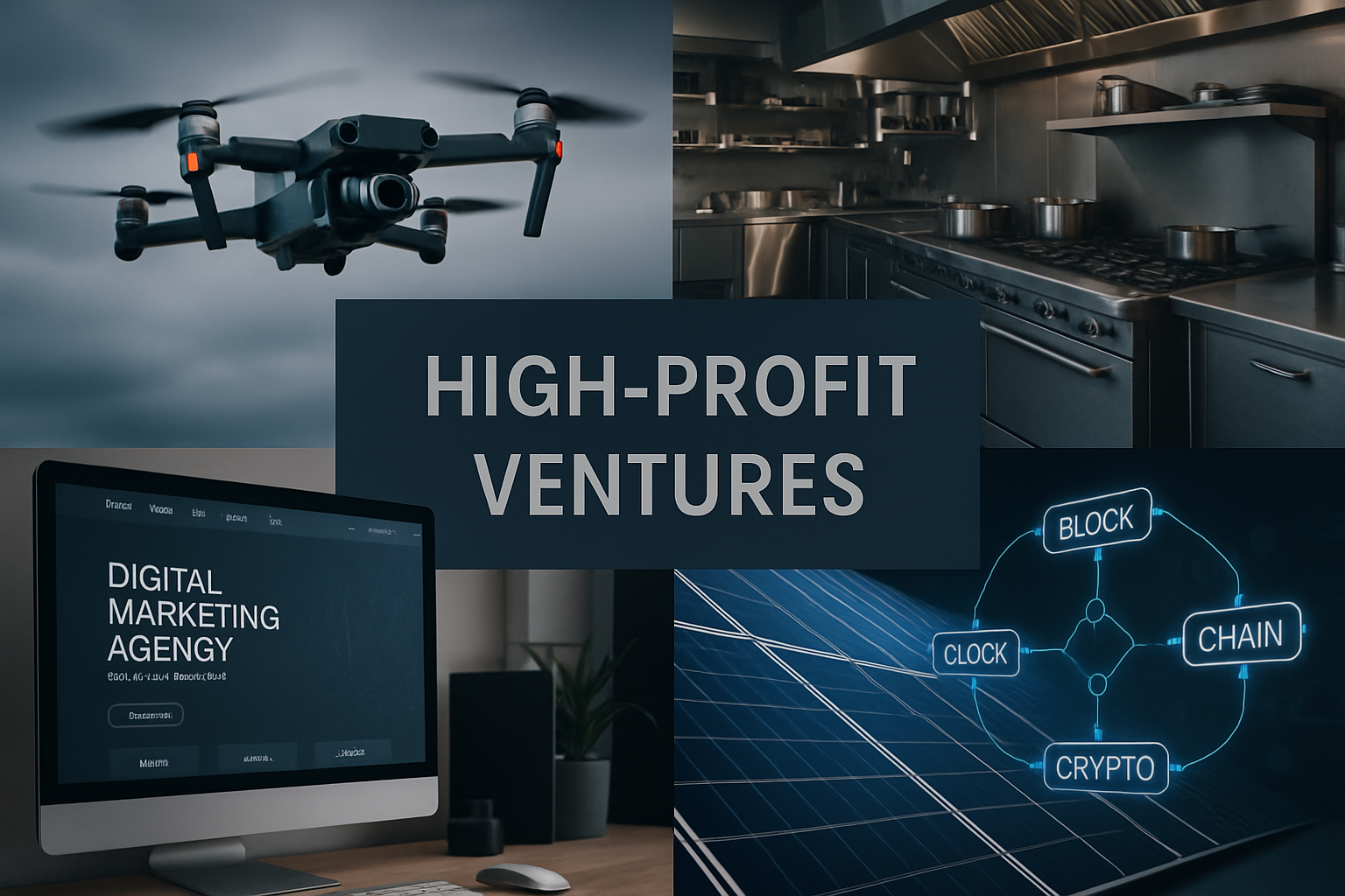 A dynamic visual collage showcasing the top 25 high-profit business ventures requiring more investment or specialized skills. The image shou