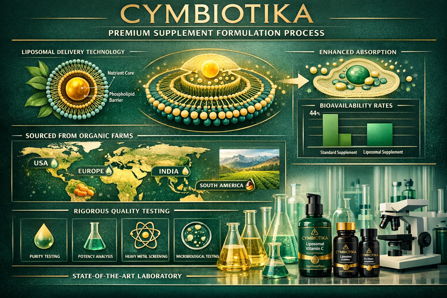Detailed infographic showing Cymbiotika's premium supplement formulation process with liposomal technology visualization, molecular absorpti