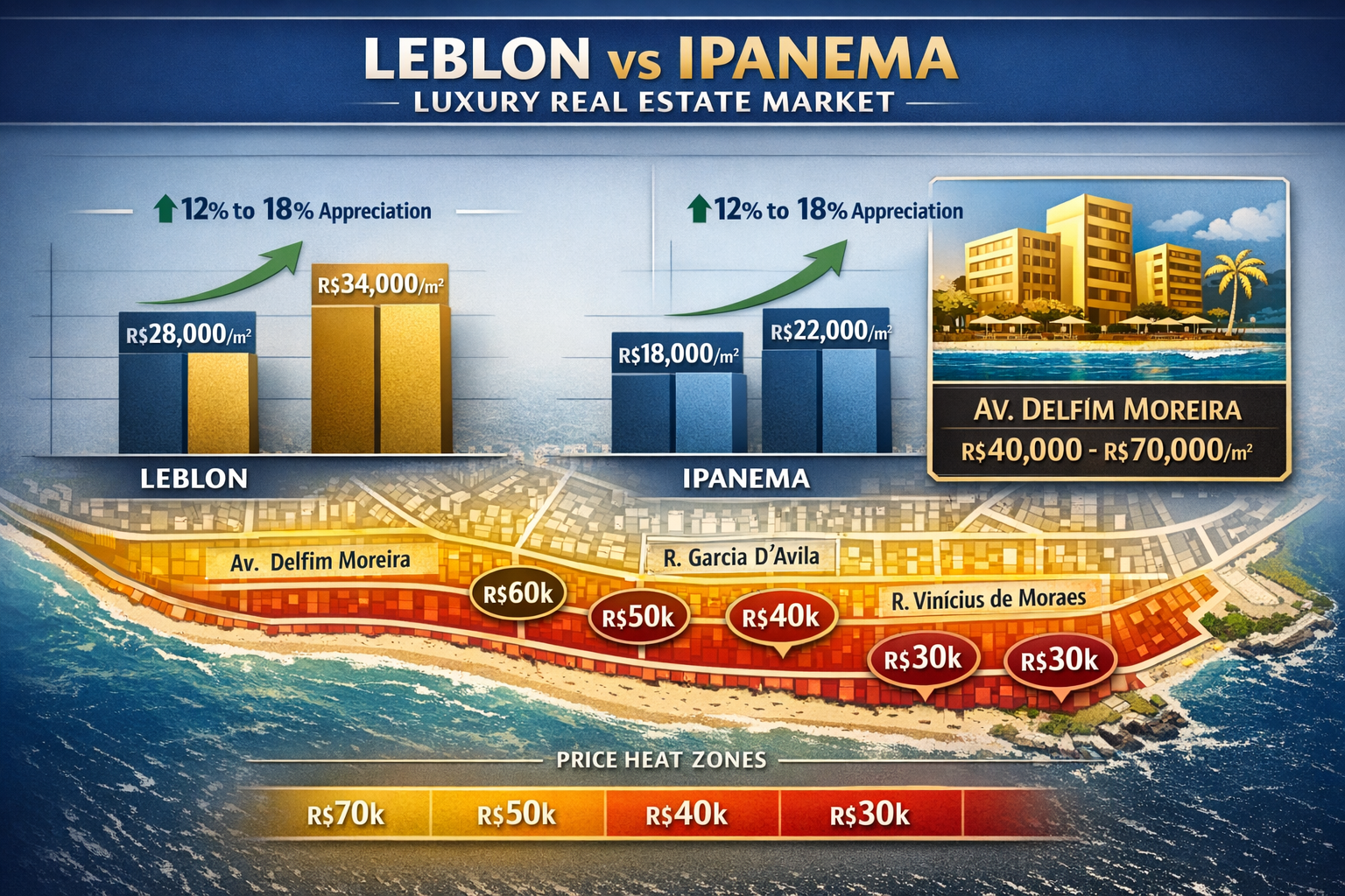 Landscape format (1536x1024) detailed infographic showing price comparison chart for Leblon and Ipanema luxury real estate markets. Visual e