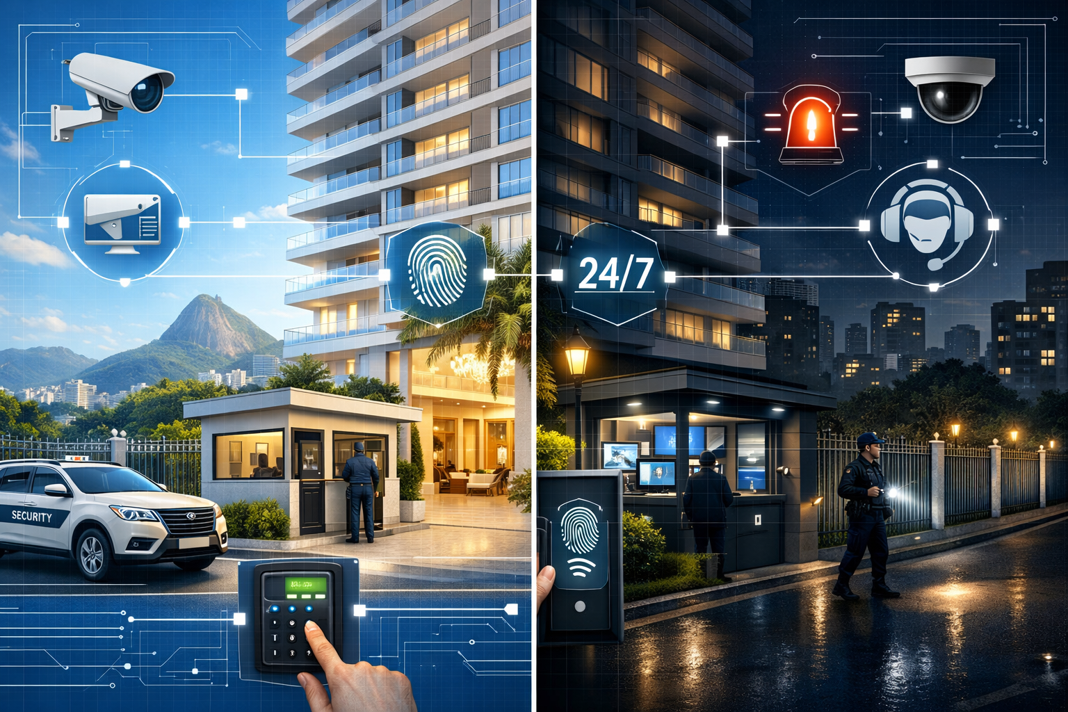 Landscape format (1536x1024) conceptual illustration depicting security infrastructure in luxury Rio neighborhoods. Visual composition shows