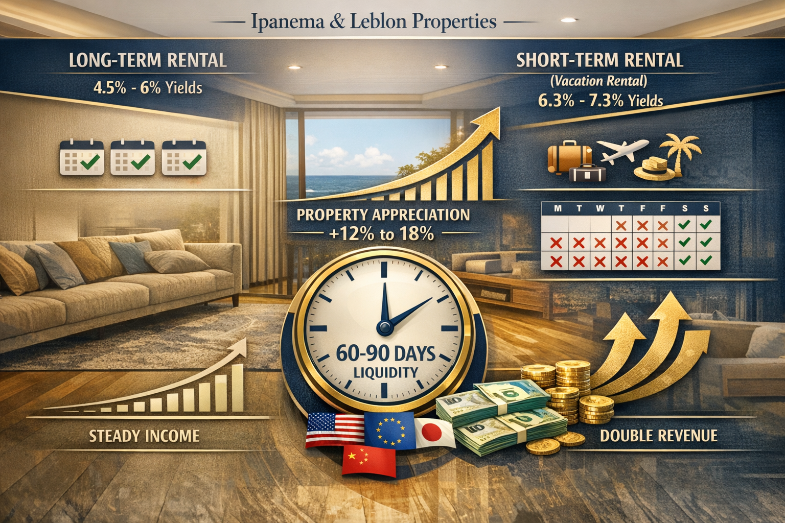 Landscape format (1536x1024) investment strategy visualization showing dual-income rental model for Ipanema and Leblon properties. Design fe