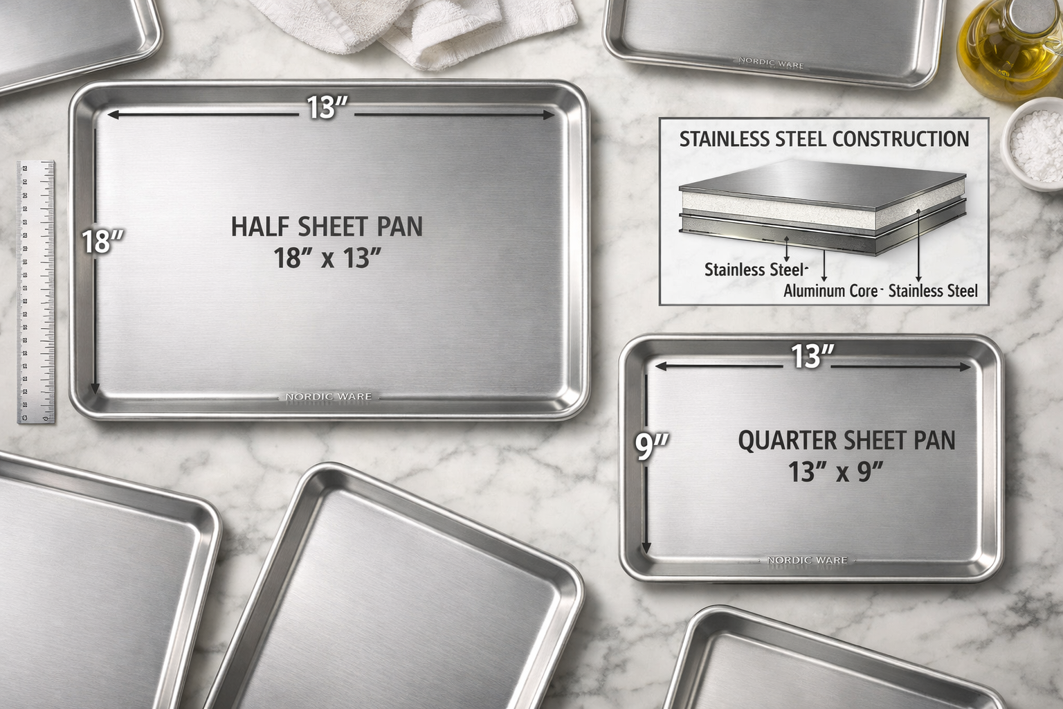Digital illustration, graphic design style, Detailed landscape format (1536x1024) showing a flat-lay overhead shot of Nordic Ware stainless steel baking sheets and sheet pans arranged on a marble kitchen surface, with a ruler and specification callouts showing half sheet pan dimensions (18x13 inches) and quarter sheet pan dimensions (13x9 inches). Include material cross-section diagram inset showing stainless steel layers. Clean, editorial food photography aesthetic with warm studio lighting, silver and white color palette, professional product photography style.