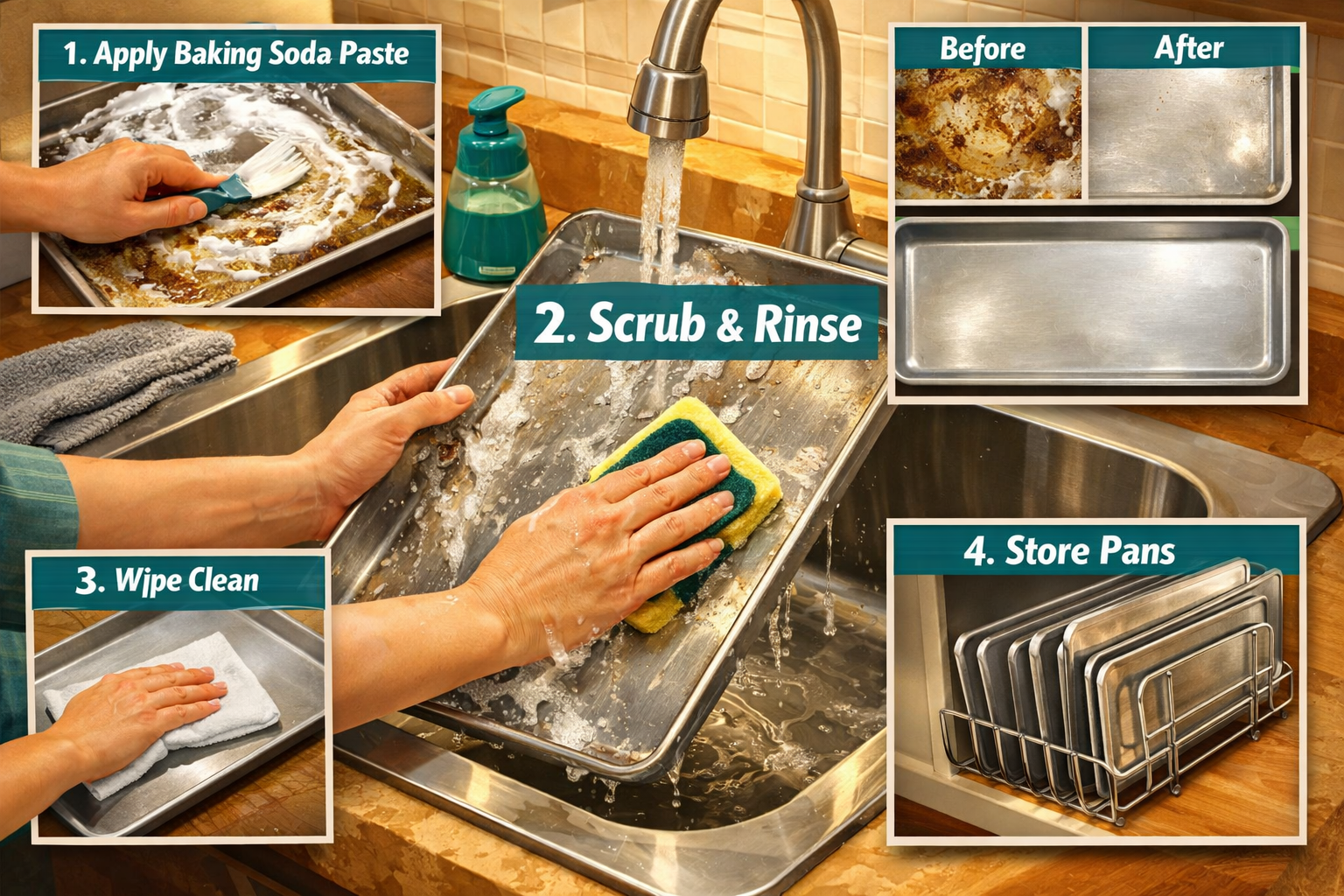Digital illustration, graphic design style, Detailed landscape format (1536x1024) showing hands using a soft sponge to clean a Nordic Ware stainless steel baking sheet under warm water at a kitchen sink, with inset panels showing before-and-after cleaning results, a baking soda paste application step, and a storage rack with stacked pans. Warm kitchen lighting, lifestyle photography style, teal and silver color accents, practical how-to visual format with numbered step overlays in clean sans-serif font.