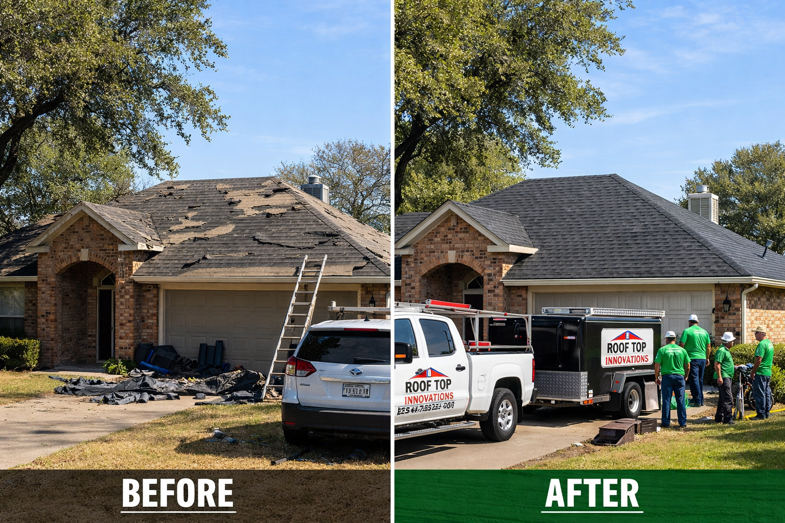 Split-screen comparison image showing before and after roof replacement project in Waco Texas neighborhood. Left side displays damaged roof 