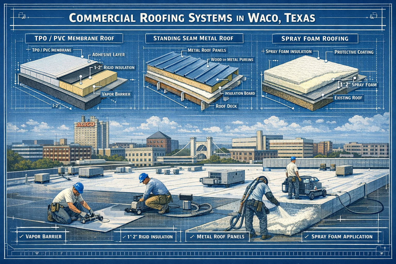 Comprehensive visual guide showing commercial roofing systems common in Waco Texas including flat roof membranes, metal roofing systems, and