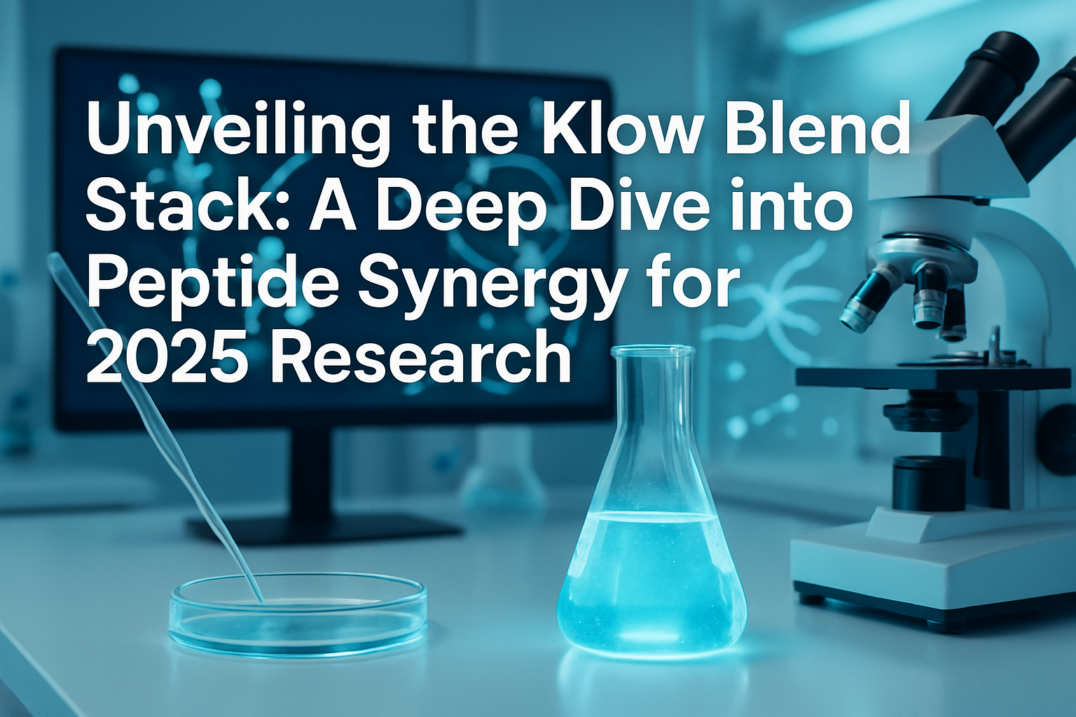 Professional landscape hero image (1536x1024) featuring bold text overlay: 'Unveiling the Klow Blend Stack: A Deep Dive into Peptide Synergy