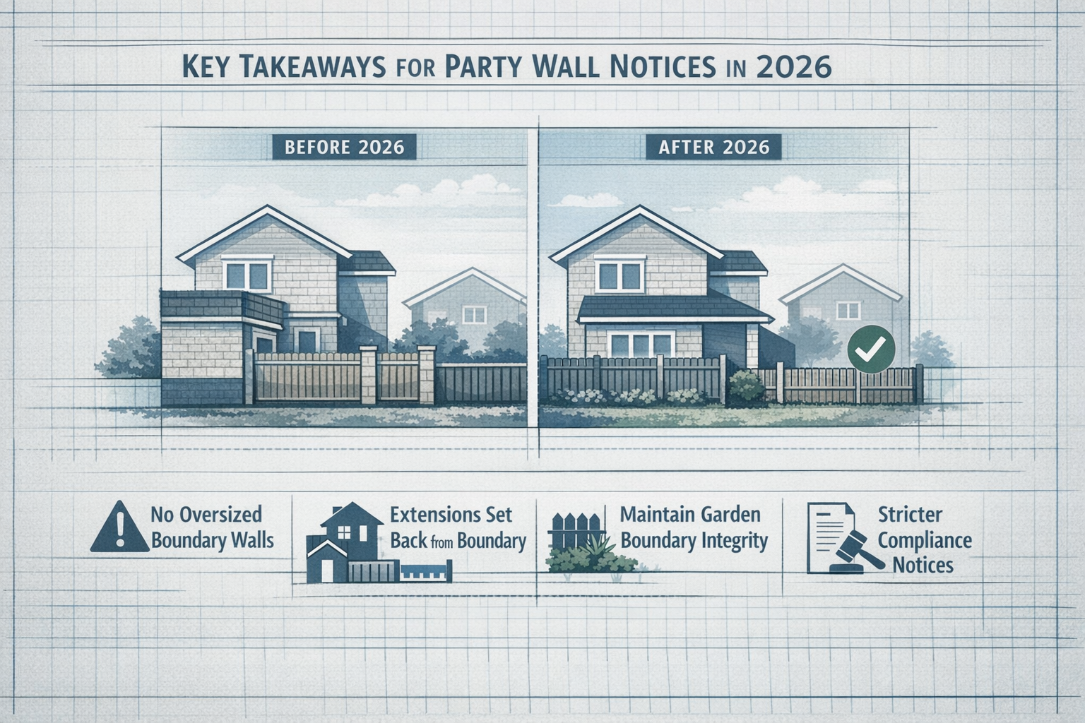 Professional editorial infographic visualizing 'Key Takeaways' for Party Wall Notices in 2026, featuring a clean