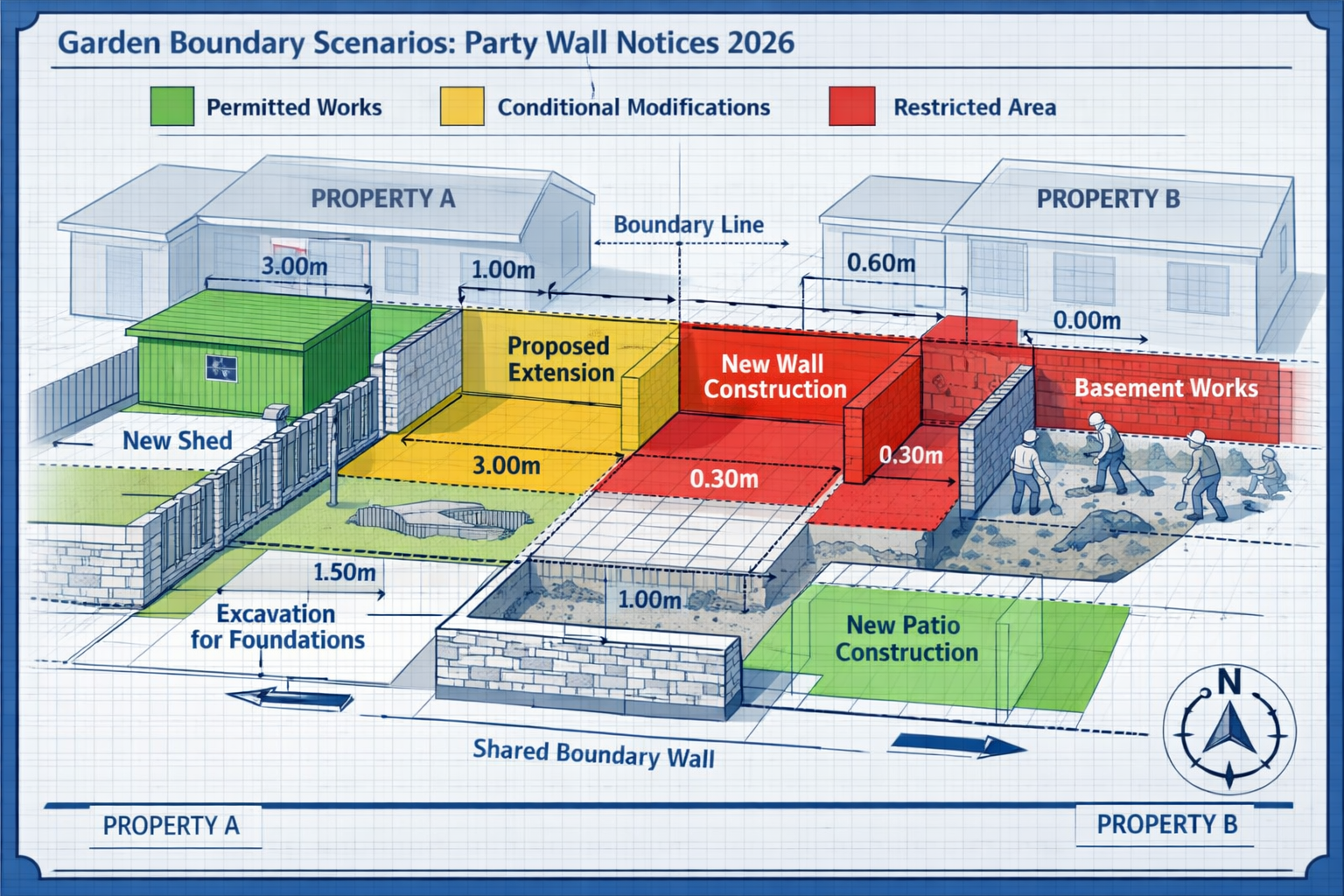 Detailed architectural visualization depicting complex garden boundary scenarios triggering Party Wall Notices in 2026, with