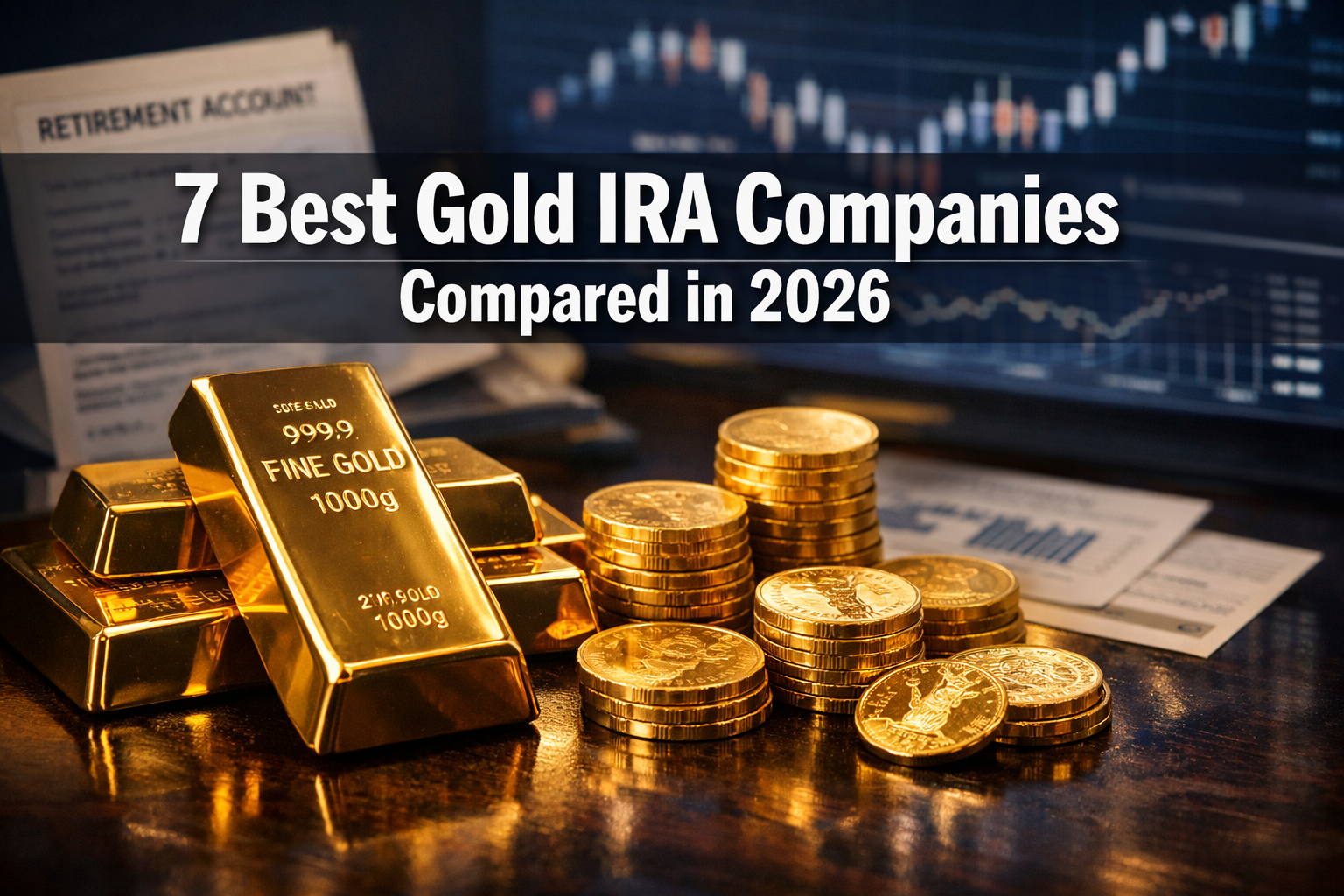 Professional () hero image with : '7 Best Gold IRA Companies Compared in 2026' in extra large white with deep and