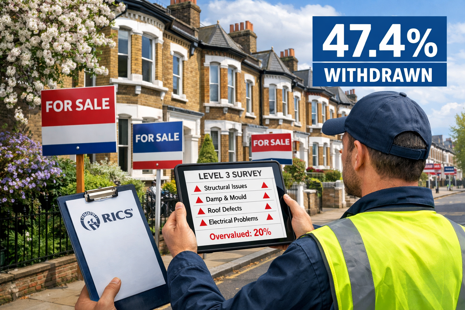 Wide-angle editorial illustration showing a surveyor in hi-vis vest examining a Victorian terraced property exterior in