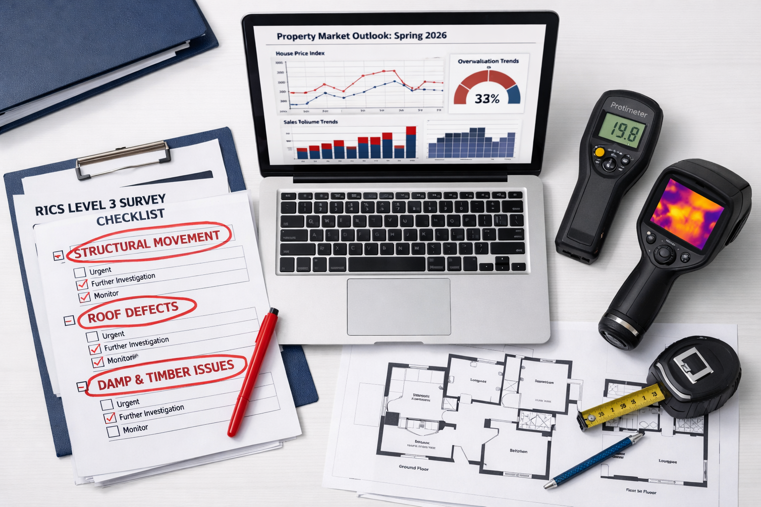 Flat-lay overhead shot of a professional building survey desk showing printed RICS Level 3 survey checklists, red marker