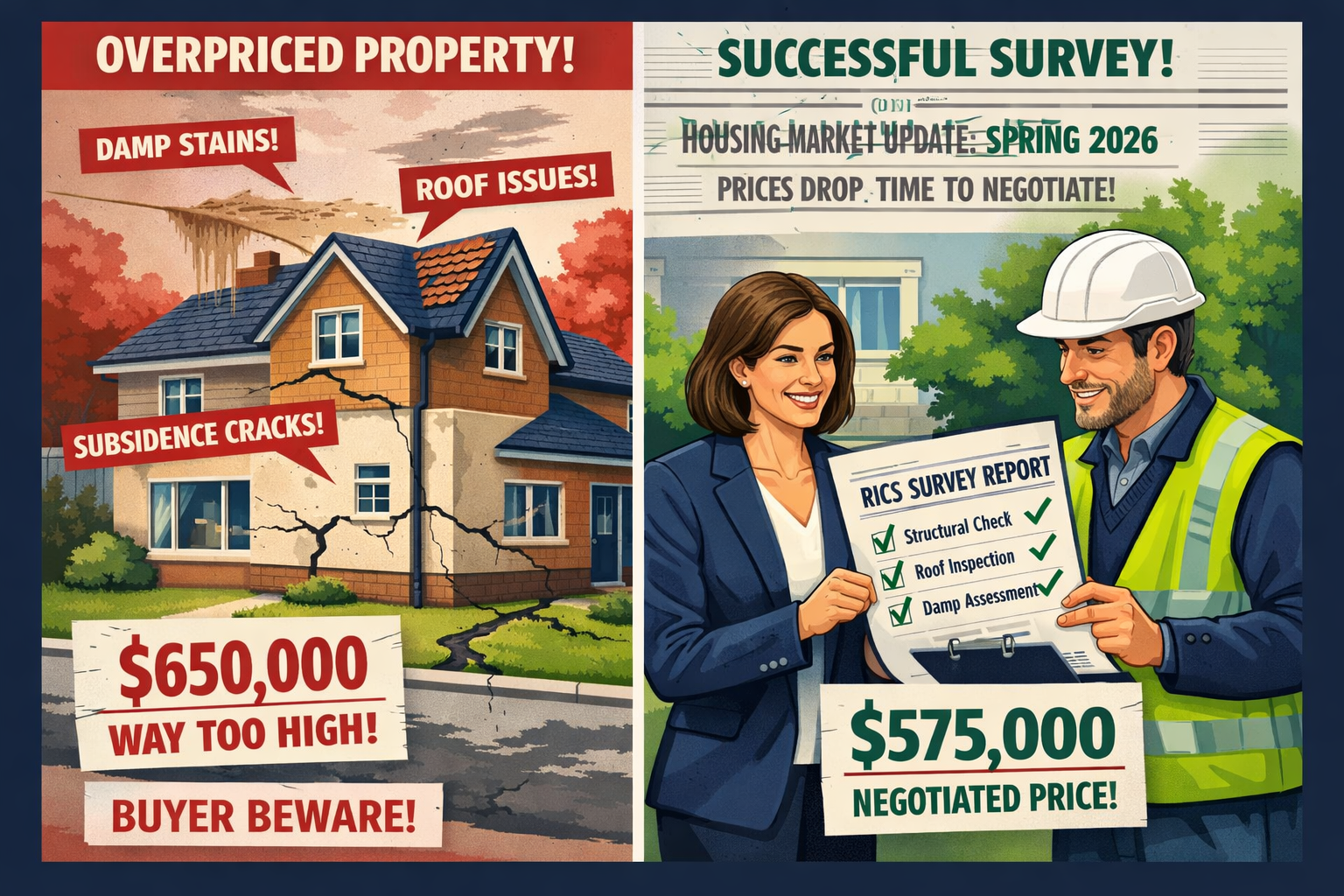 Split-screen editorial infographic landscape image: left side shows a property listing with inflated asking price and