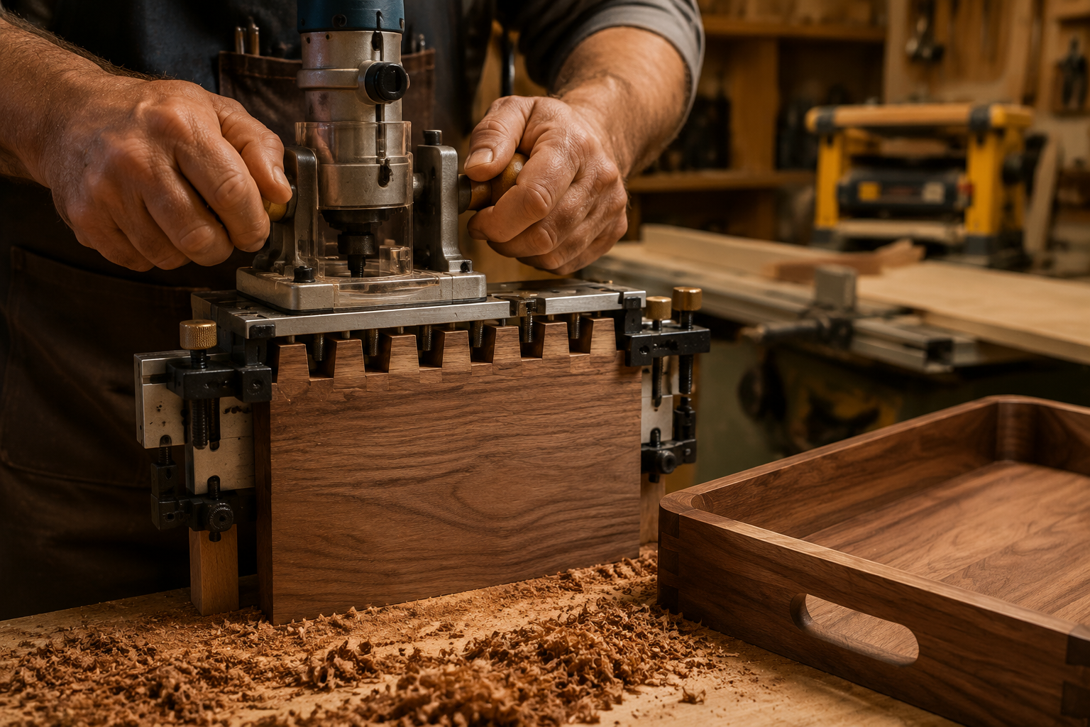 A close-up, dynamic () shot of a woodworker's hands expertly guiding a router to cut dovetail joints on a piece of hardwood,