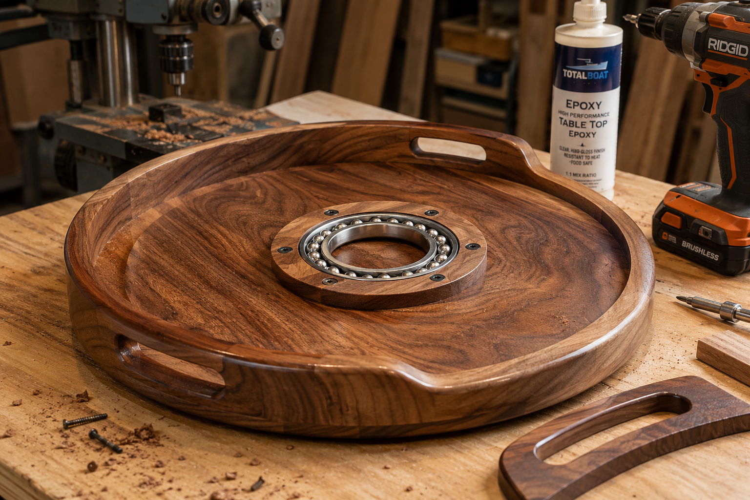 A detailed () image showcasing a partially assembled Lazy Susan serving tray with visible ball bearing hardware mounted to