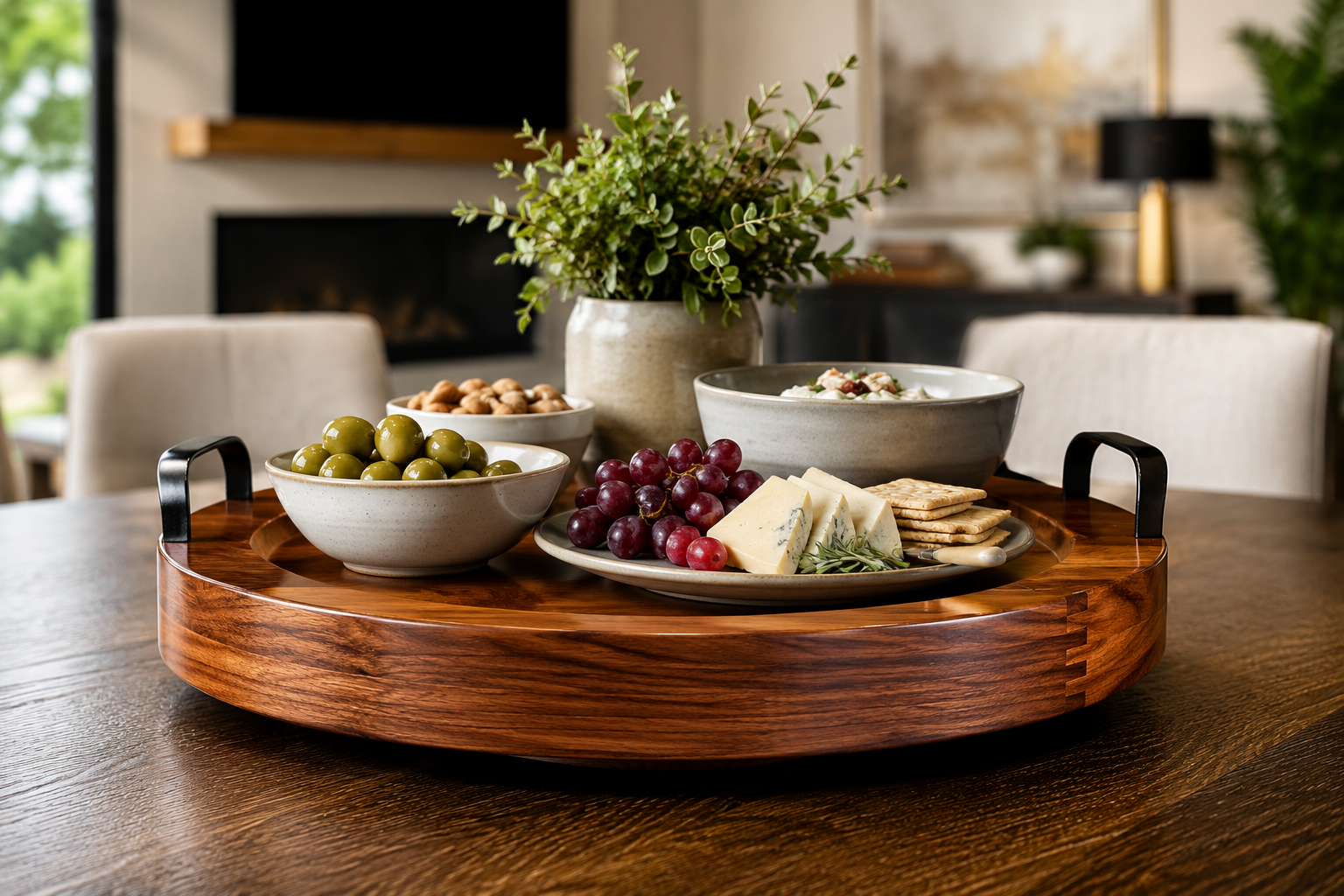 An aspirational () image of a completed, highly polished wooden serving tray, featuring both a Lazy Susan design and sturdy