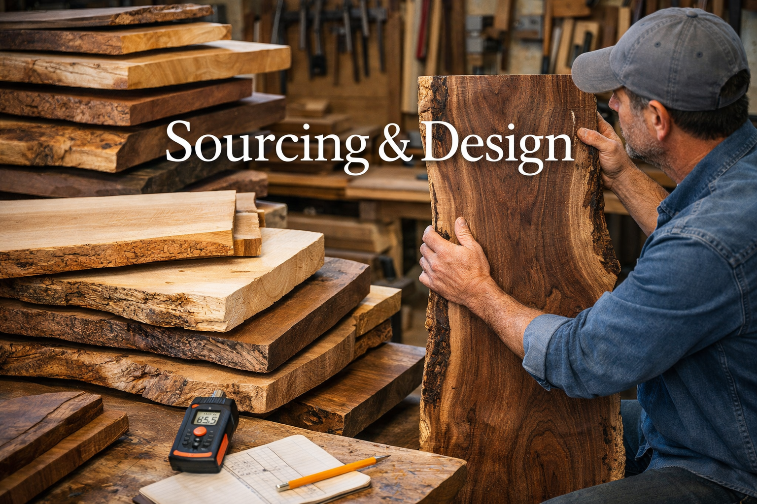 Detailed landscape format (1536x1024) image showing a home workshop with various raw live edge wood slabs neatly stacked, alongside a crafts