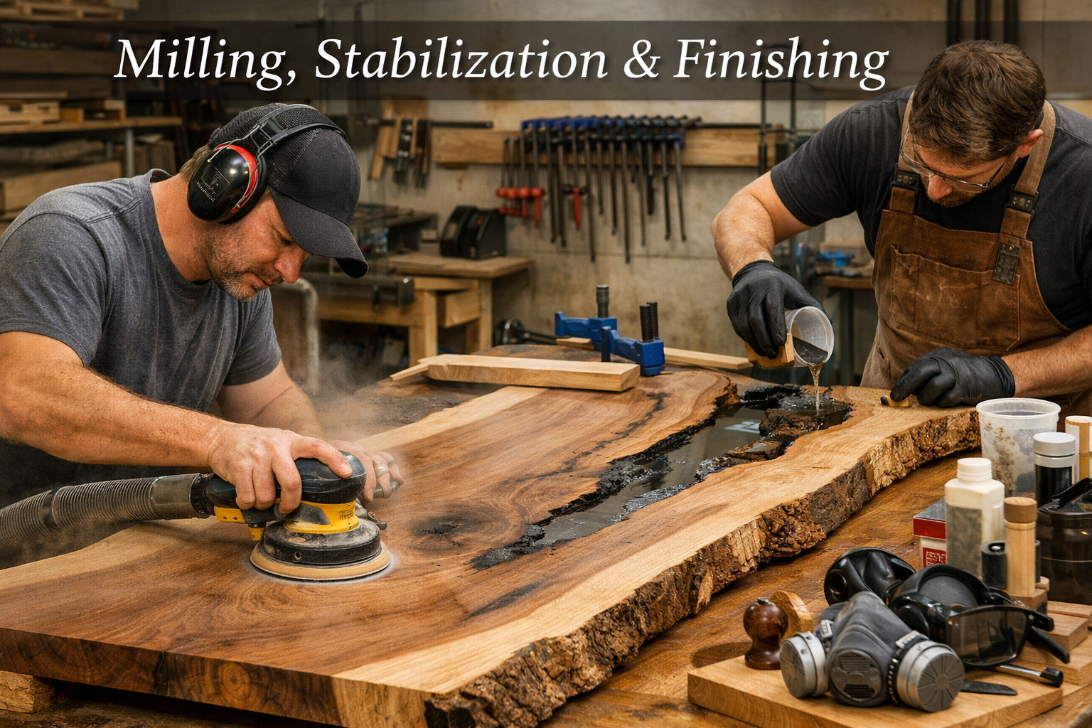 Detailed landscape format (1536x1024) image illustrating the execution phase of a live edge project. A craftsman is meticulously sanding a l