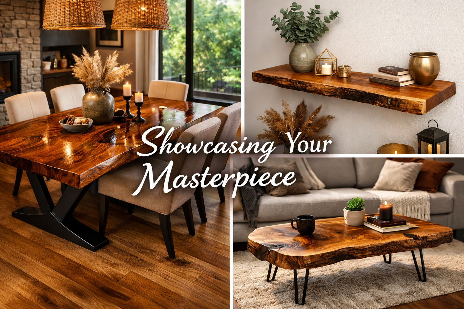 Detailed landscape format (1536x1024) image showcasing several finished live edge wood projects in different modern home settings. One examp