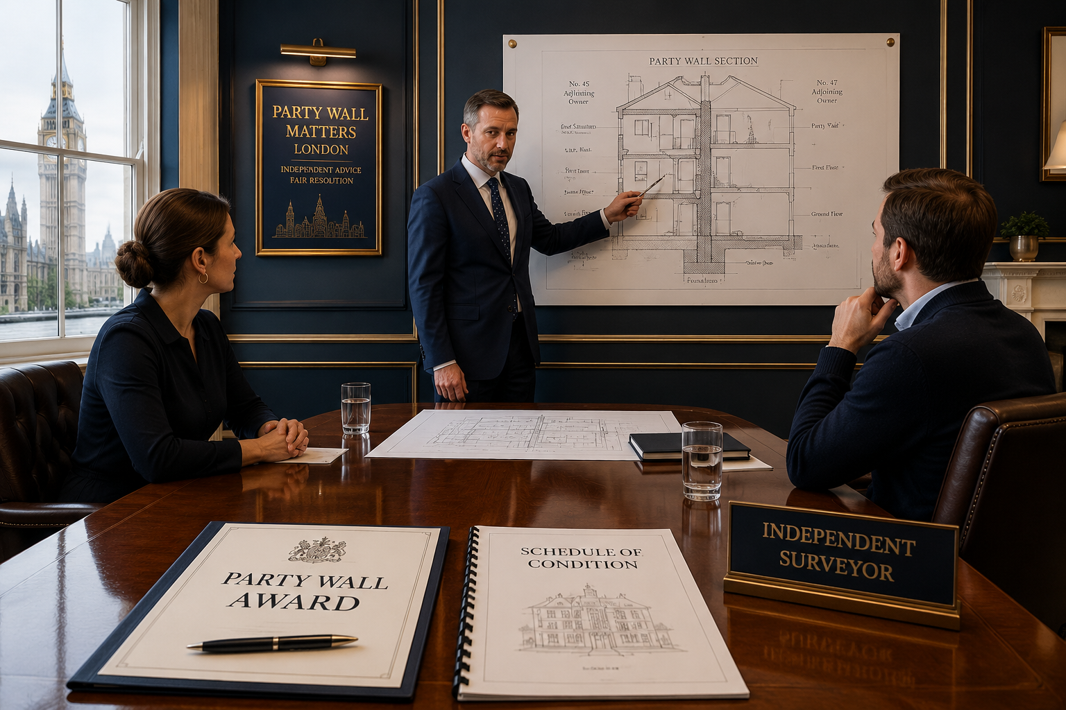 Wide-angle editorial photograph of a formal party wall dispute meeting room in a London office, showing two property owners