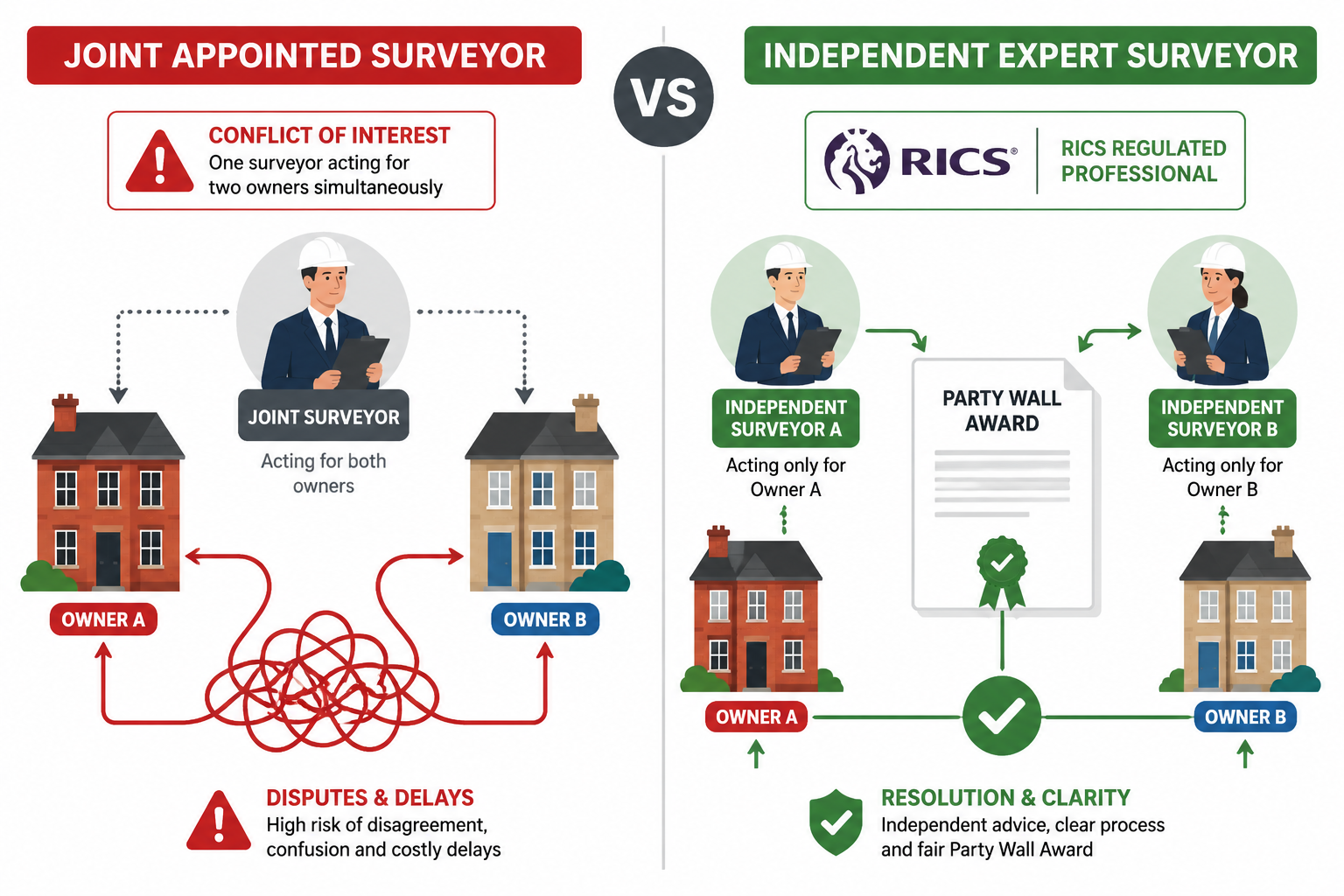 Detailed infographic-style illustration comparing two distinct pathways: LEFT side shows 'Joint Appointed Surveyor' with a