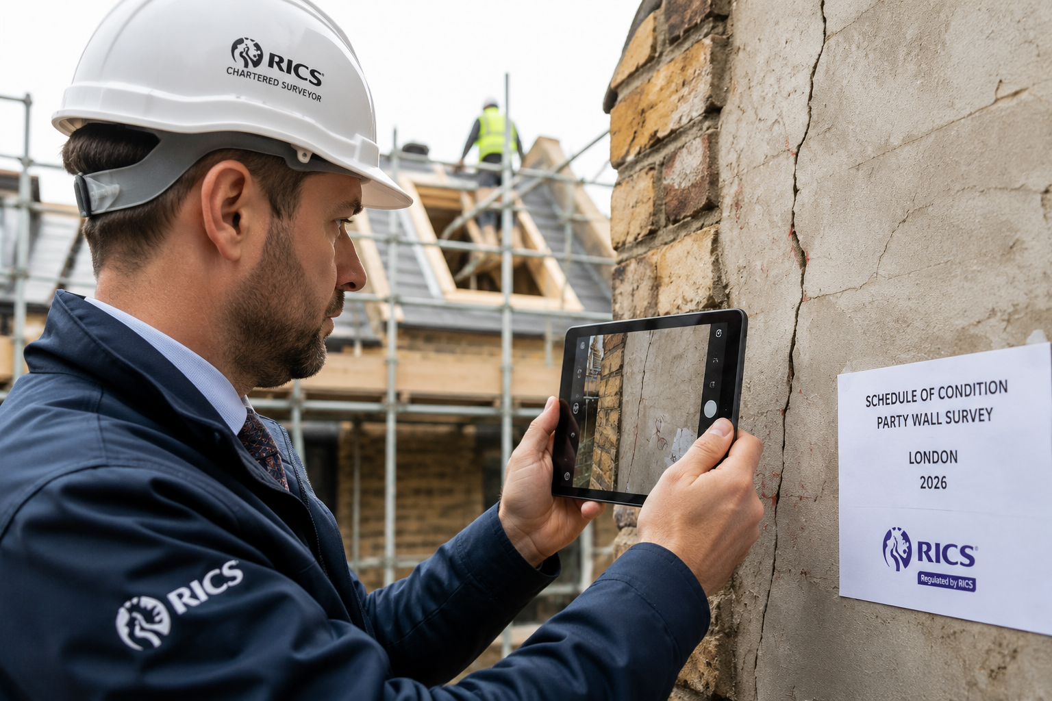 Close-up editorial photograph of a RICS-certified independent surveyor conducting a detailed schedule of condition