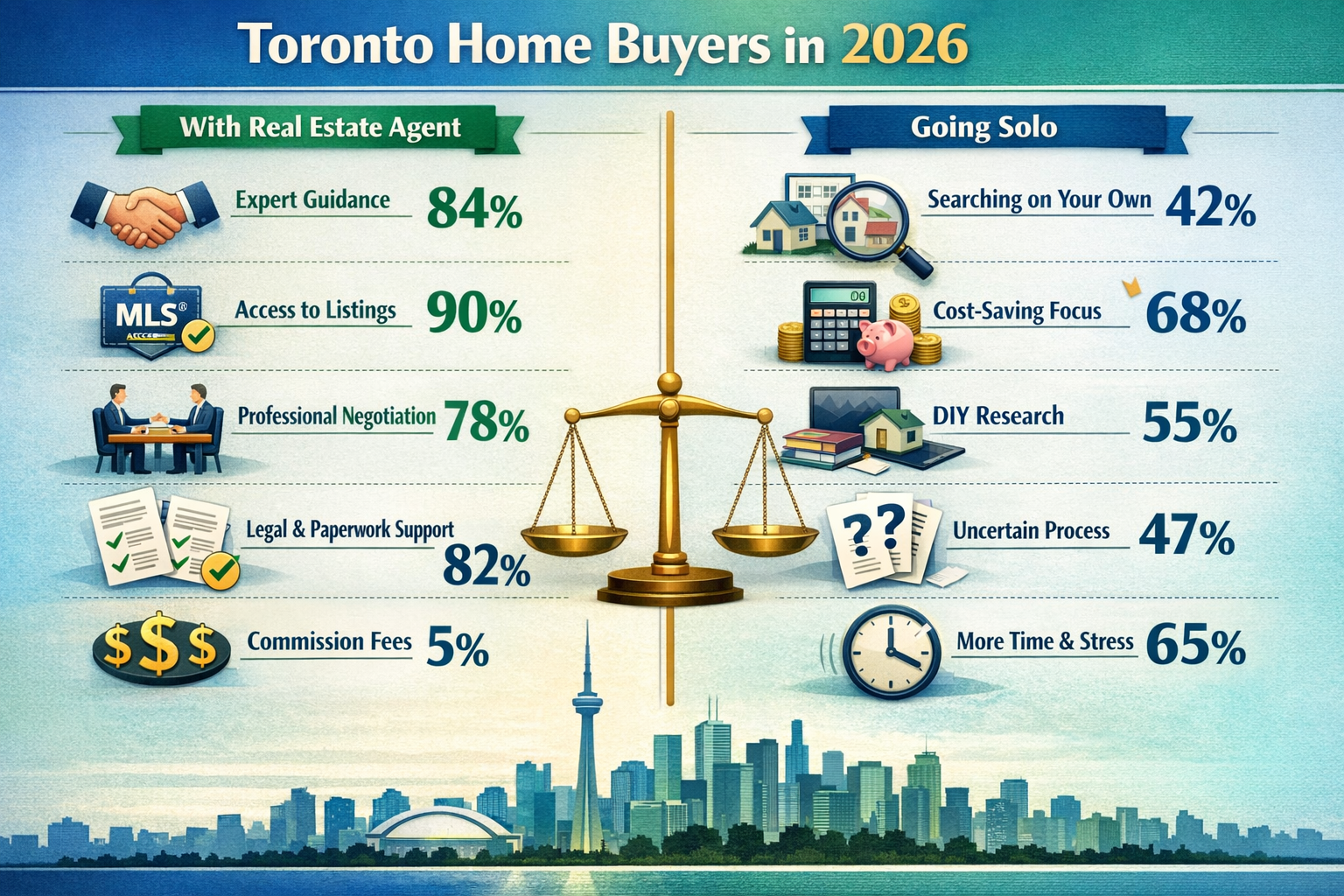Landscape format (1536x1024) detailed comparison infographic showing two distinct pathways for Toronto home buyers in 2026. Left column labe