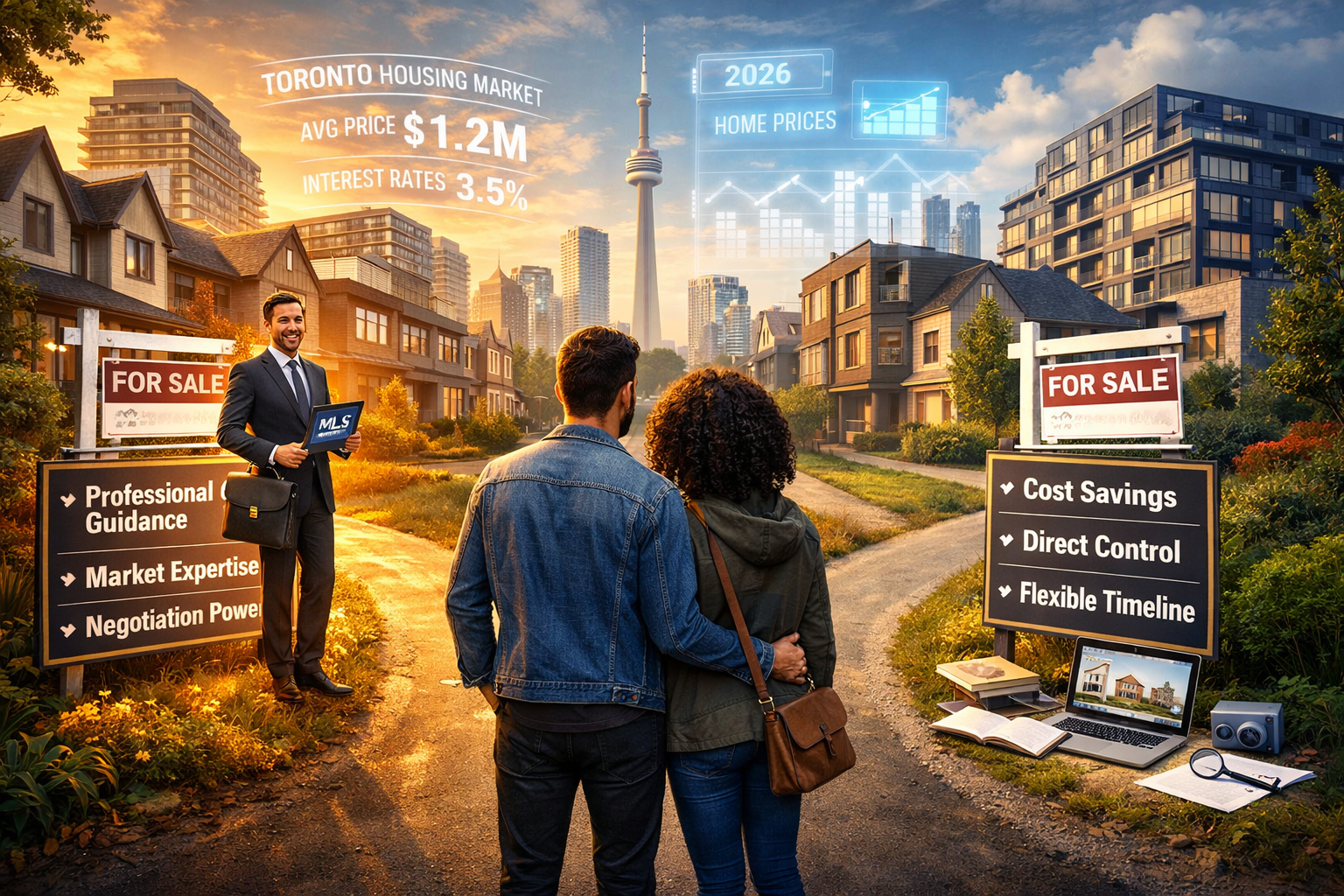 Landscape format (1536x1024) decision-making framework visualization for Toronto first-time buyers comparing agent versus solo approaches. C
