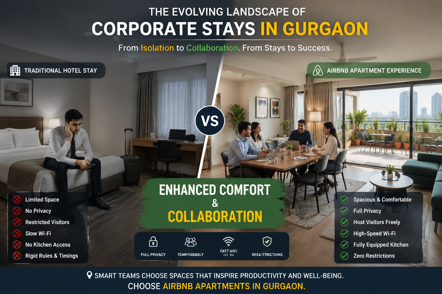 A detailed () image for the section on 'The Evolving Landscape of Corporate Stays in Gurgaon', illustrating a split scene.