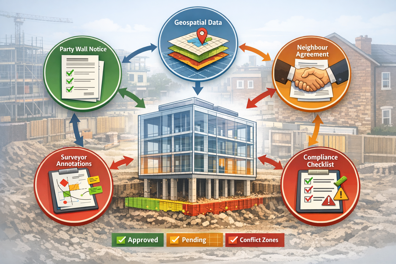 () conceptual diagram illustration showing workflow integration process. Center features large 3D building model with