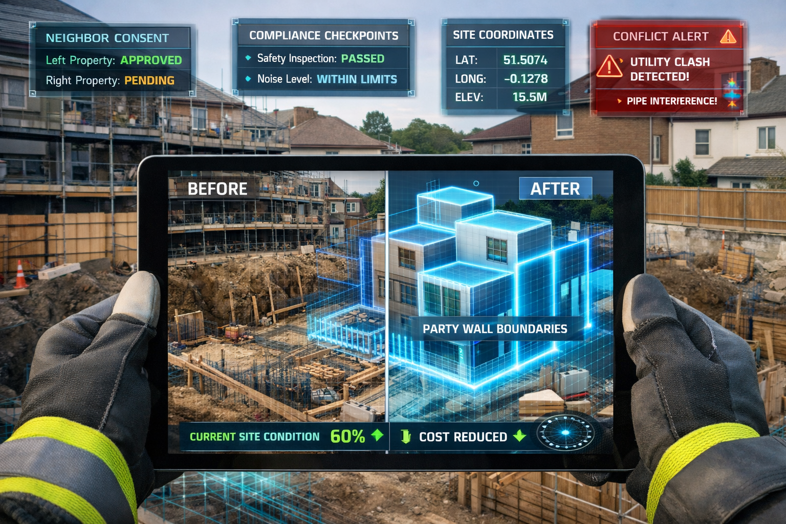 () futuristic construction site scene showing augmented reality view through tablet or AR glasses. Foreground displays hands