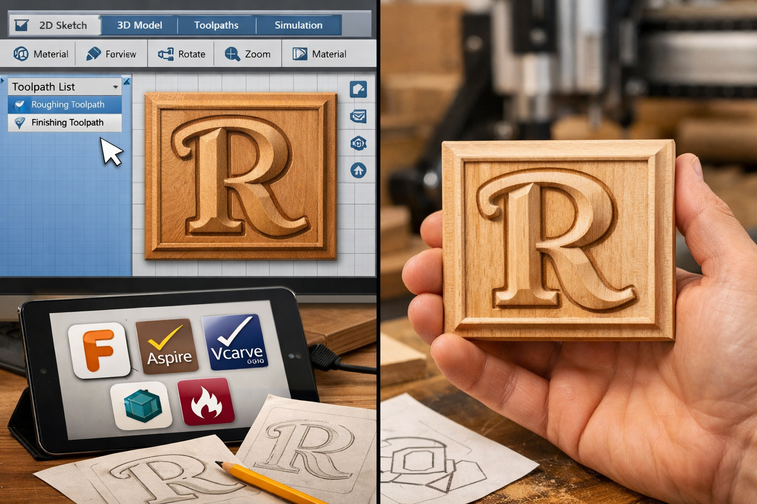 Detailed () image showing a split screen: on the left, a beginner-friendly CAD software interface displaying a simple 3D