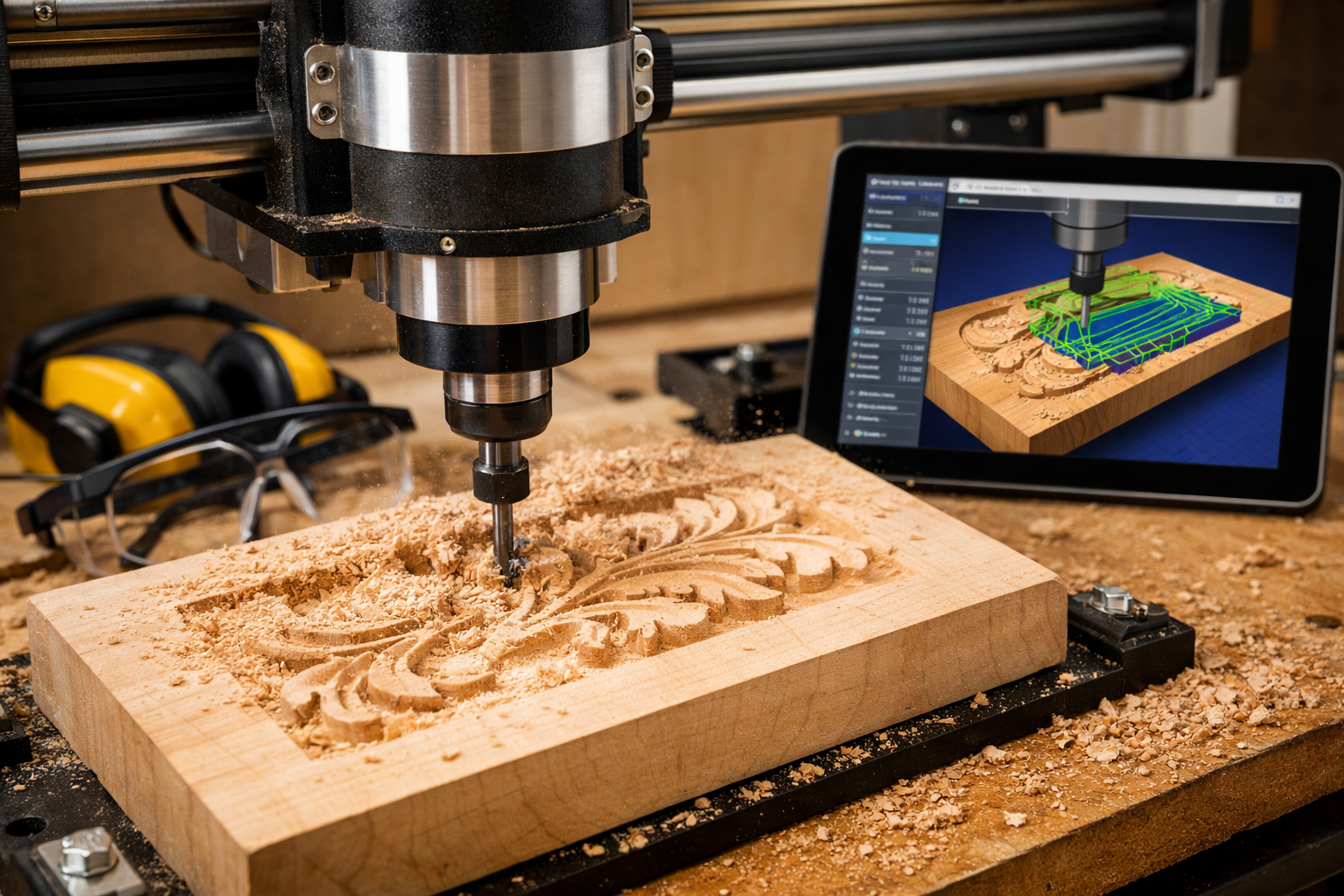 Detailed () image featuring a close-up of a compact, hobbyist-level CNC router actively carving a relief design into a block