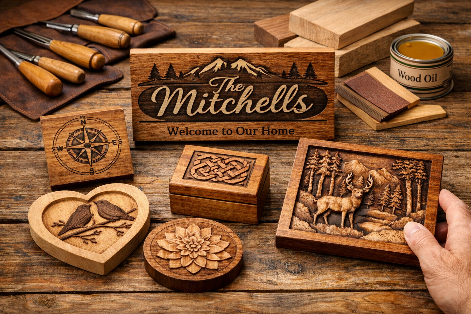 Detailed () image showcasing a collection of finished beginner CNC wood carving projects artfully arranged on a rustic