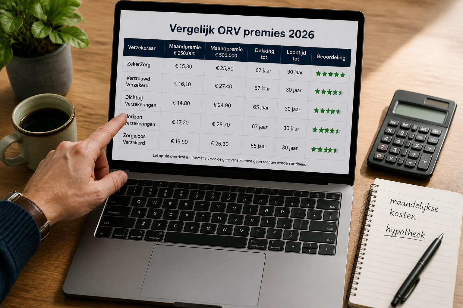 Landschap formaat () bovenaanzicht van een bureau met een open laptop waarop een vergelijkingstabel van
