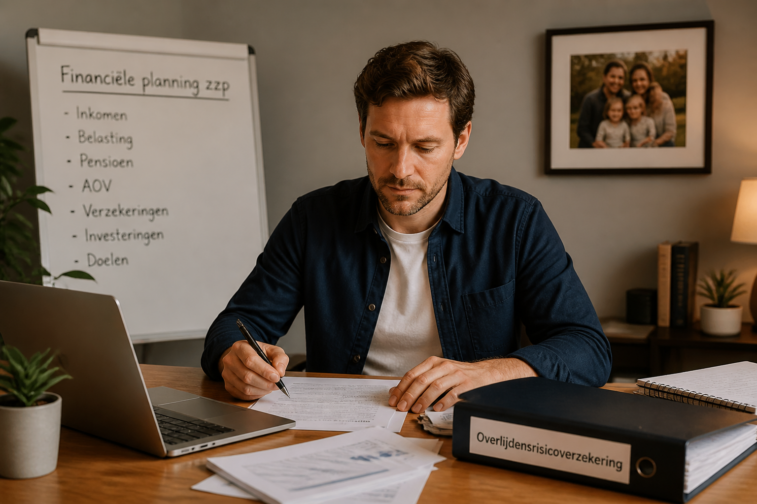 Landschap formaat () portret van een zelfstandige ondernemer (zzp'er) aan een thuiskantoor bureau, omringd door
