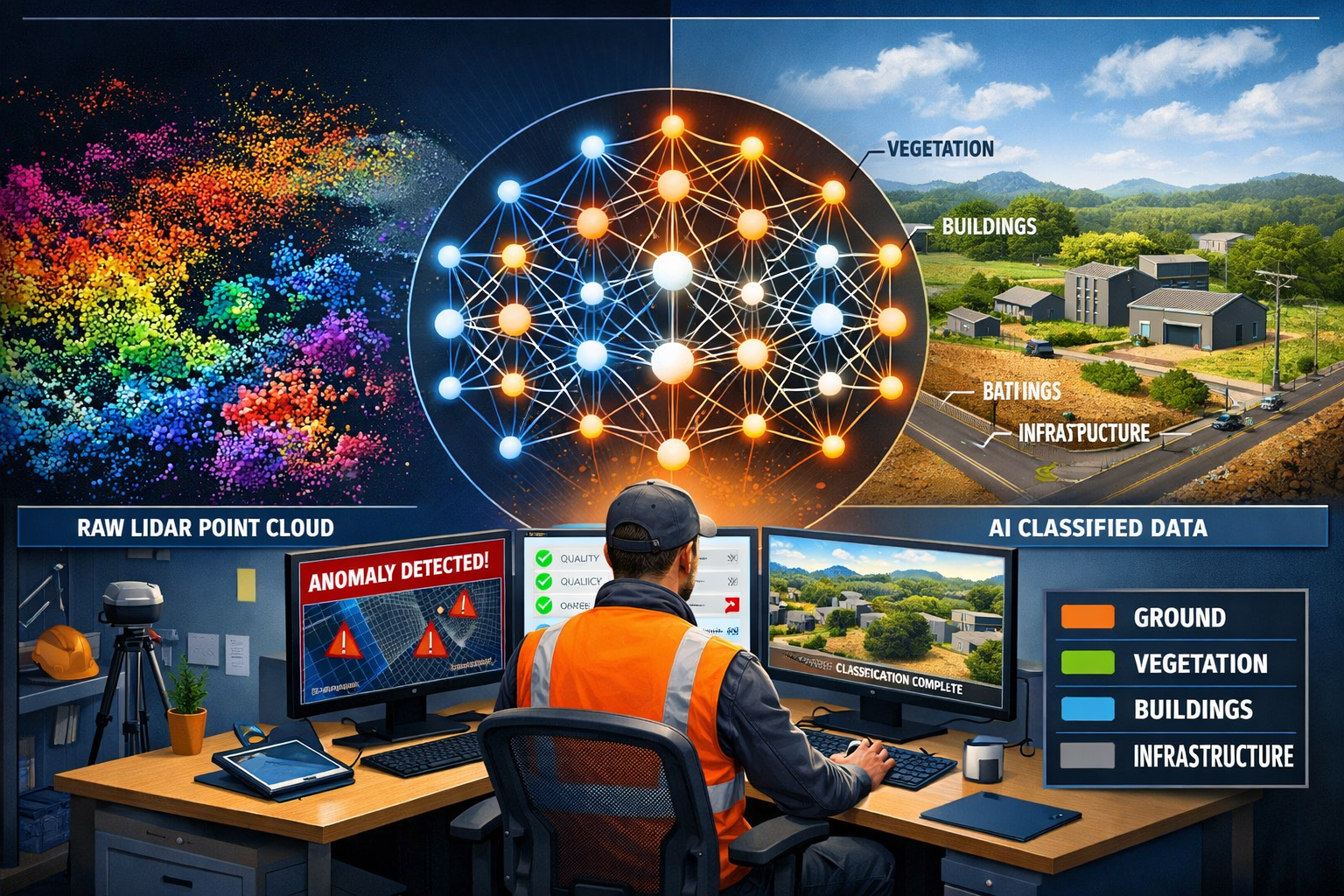 Landscape format (1536x1024) detailed illustration showing AI-powered data classification workflow with split-screen composition: left side 