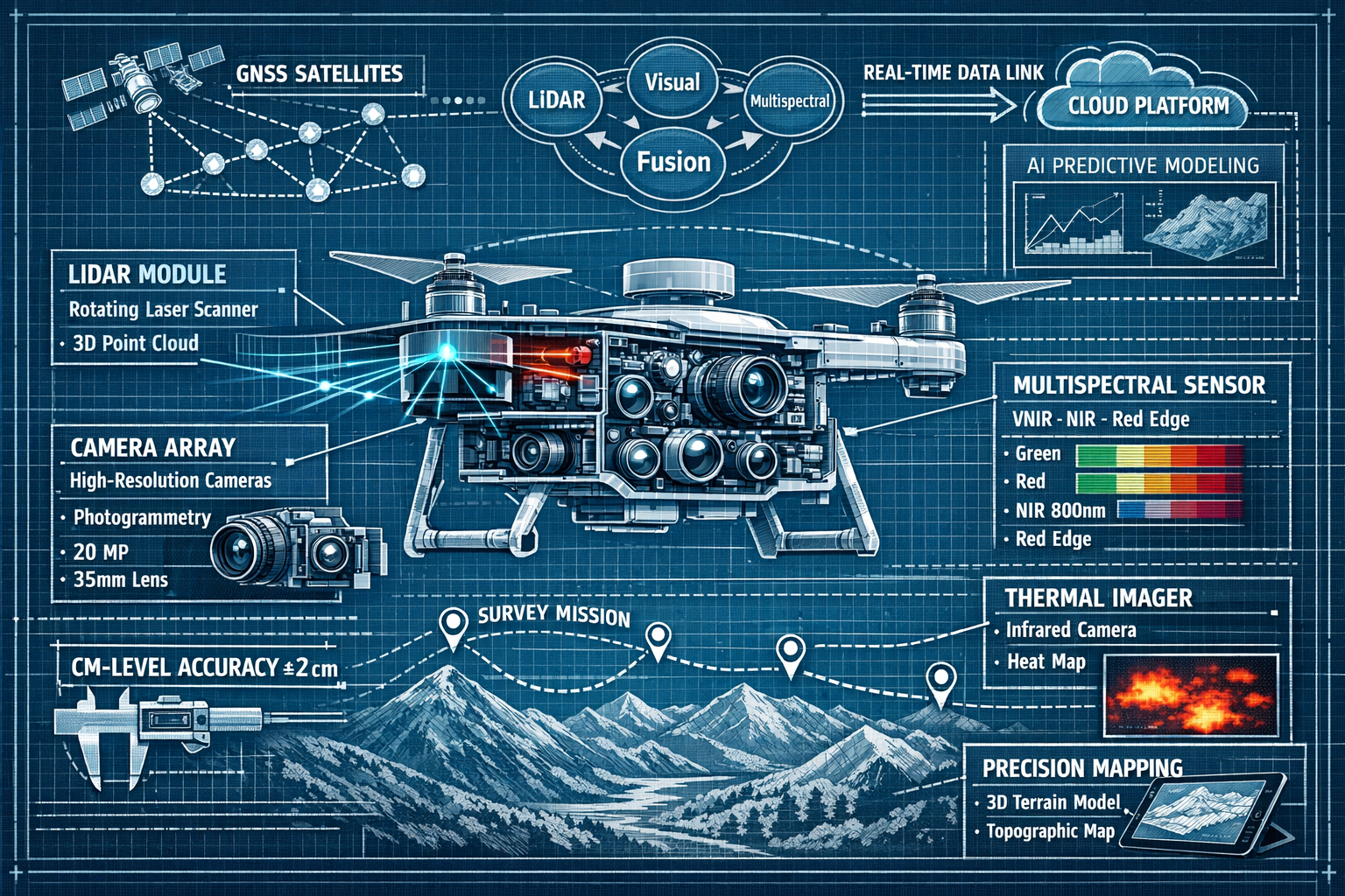 Landscape format (1536x1024) comprehensive visualization of autonomous drone surveying system with cutaway technical diagram showing synchro