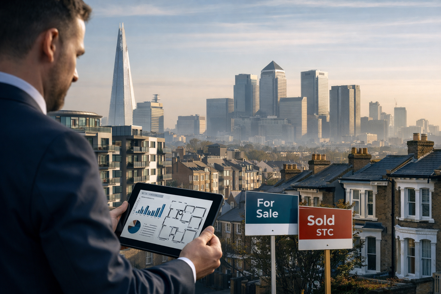 Professional landscape format (1536x1024) editorial image showing a modern London cityscape with contemporary apartment buildings and tradit