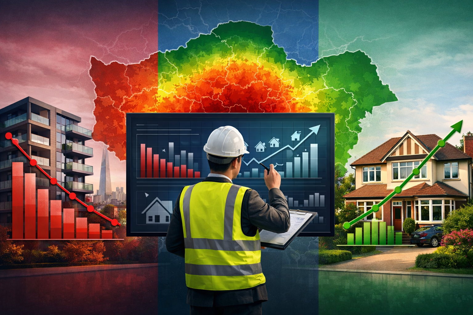 Detailed landscape format (1536x1024) image showing a split-screen comparison of London property market performance, left side displays mode