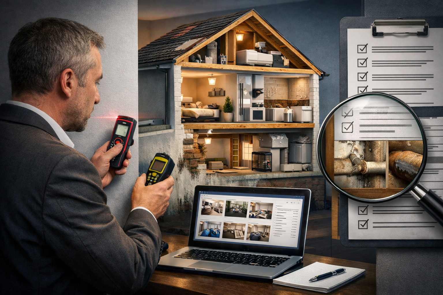 Comprehensive landscape format (1536x1024) visualization of surveyor valuation methodology in action, foreground shows experienced RICS-qual