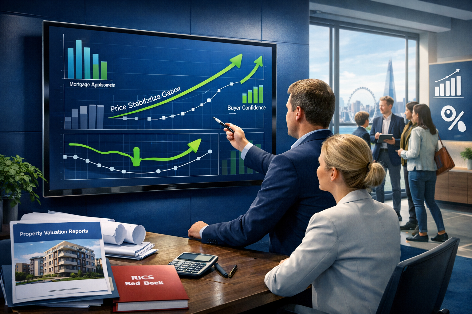 Strategic landscape format (1536x1024) image depicting future-focused property valuation scenario in recovering London market, central focus
